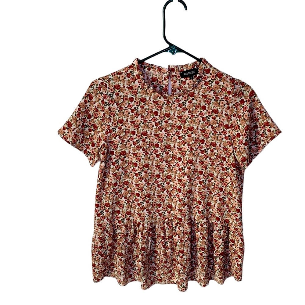 ROOLEE WOMENS PINK FLORAL RUFFLE NECK BOHO HIGH LOW SHORT SLEEVE TOP SIZE SMALL